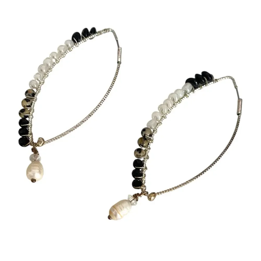 Rare Beaded teardrop Hoop Silver Earrings with pearl at the end